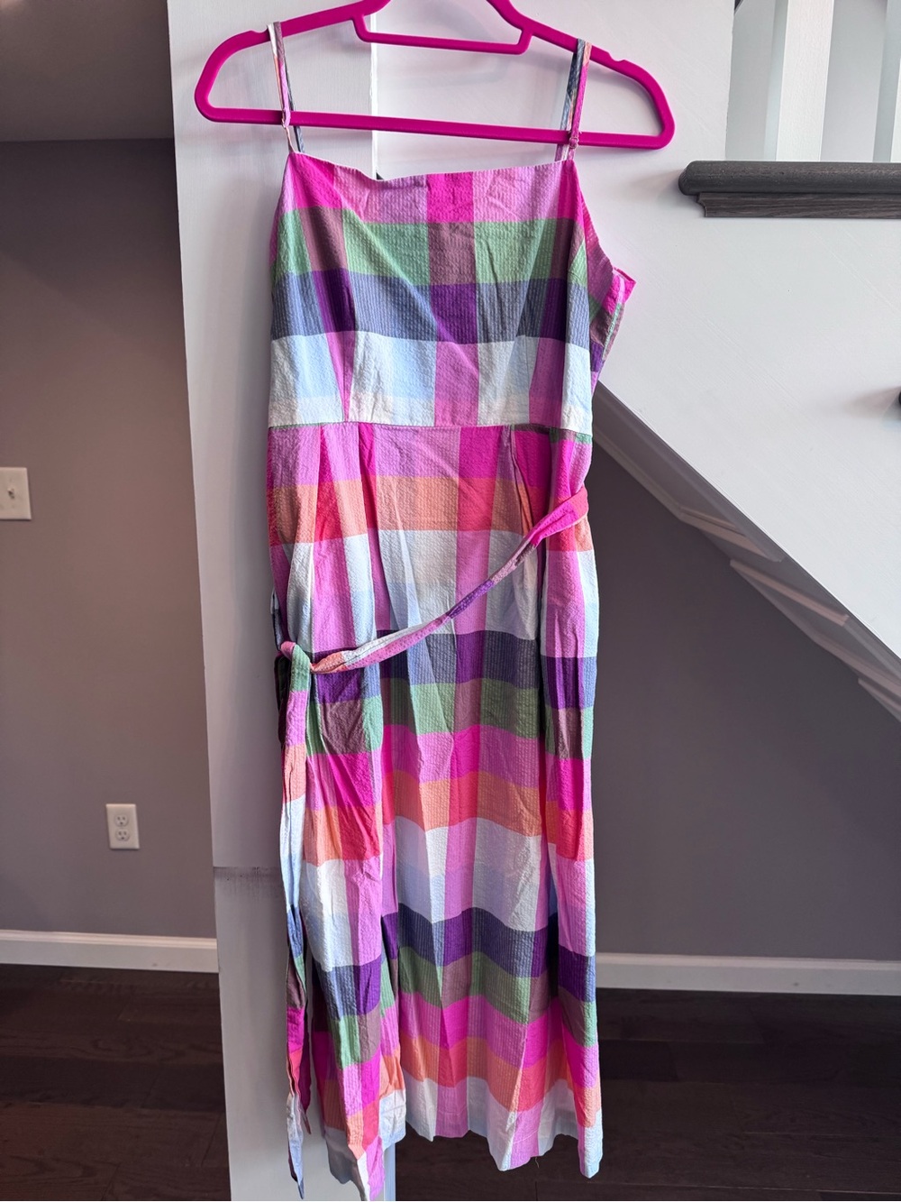 Bright Pink Multi-Color Plaid Maxi Dress with Belt